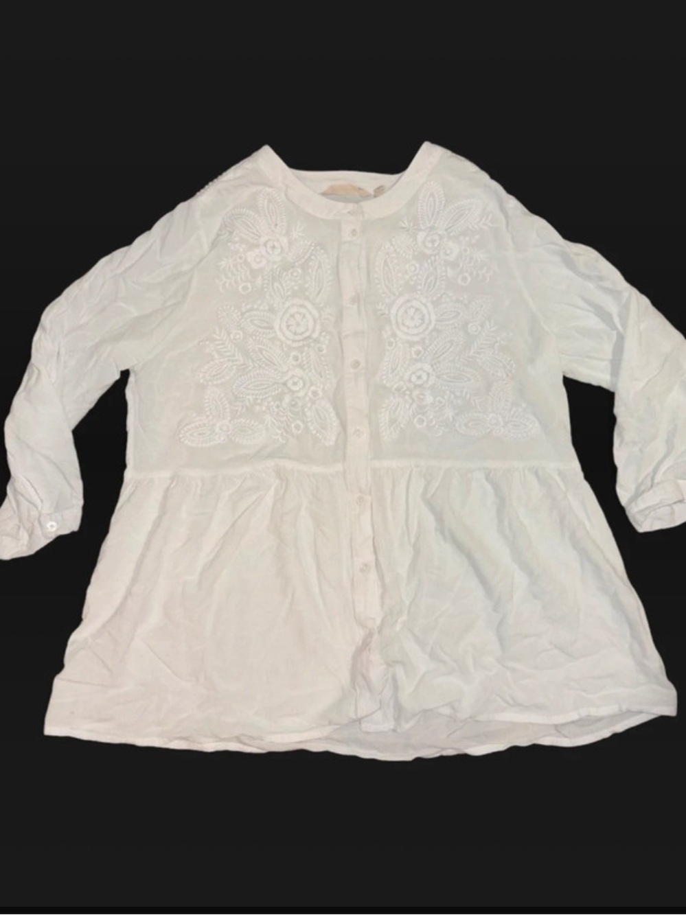 Soft Surroundings White Embroidered Button-Front Peplum Blouse
